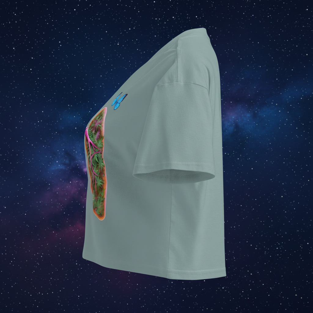 Left-side view of the mineral Butterfly Lungs crop top showing its relaxed sleeve, cropped hem and partial front artwork.