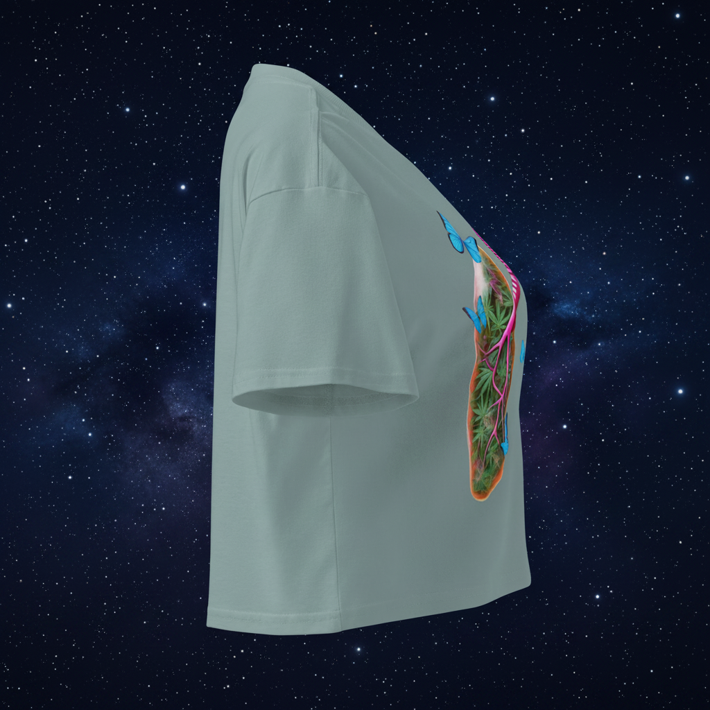 Right-side view of the mineral Butterfly Lungs crop top showing its relaxed fit, cropped hem and partial front