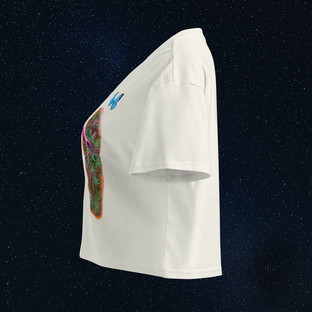 Left-side view of the white Butterfly Lungs crop top showing its relaxed sleeve, cropped hem and partial front artwork.