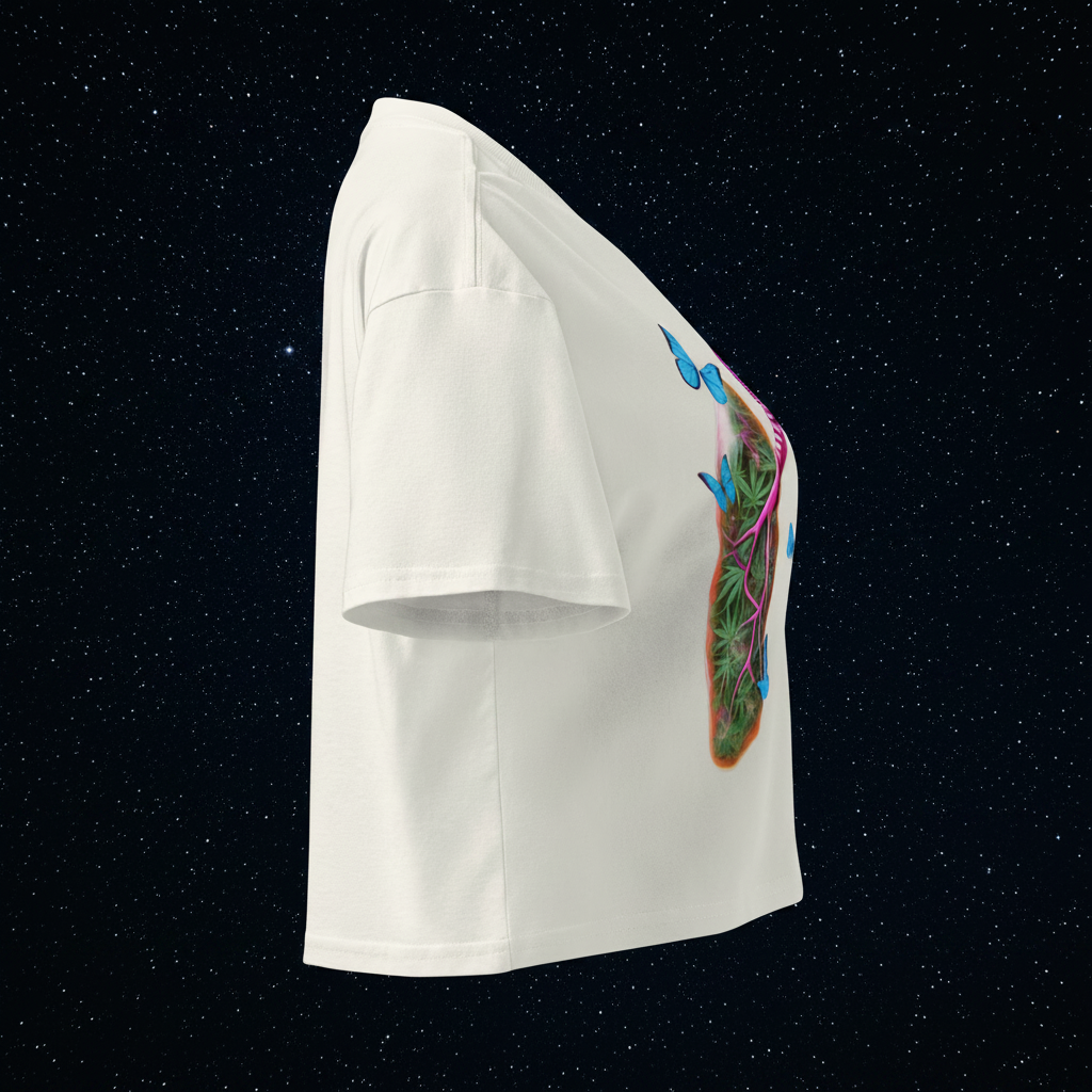 Right-side view of the natural Butterfly Lungs crop top showing its relaxed fit, cropped hem and partial front artwork.