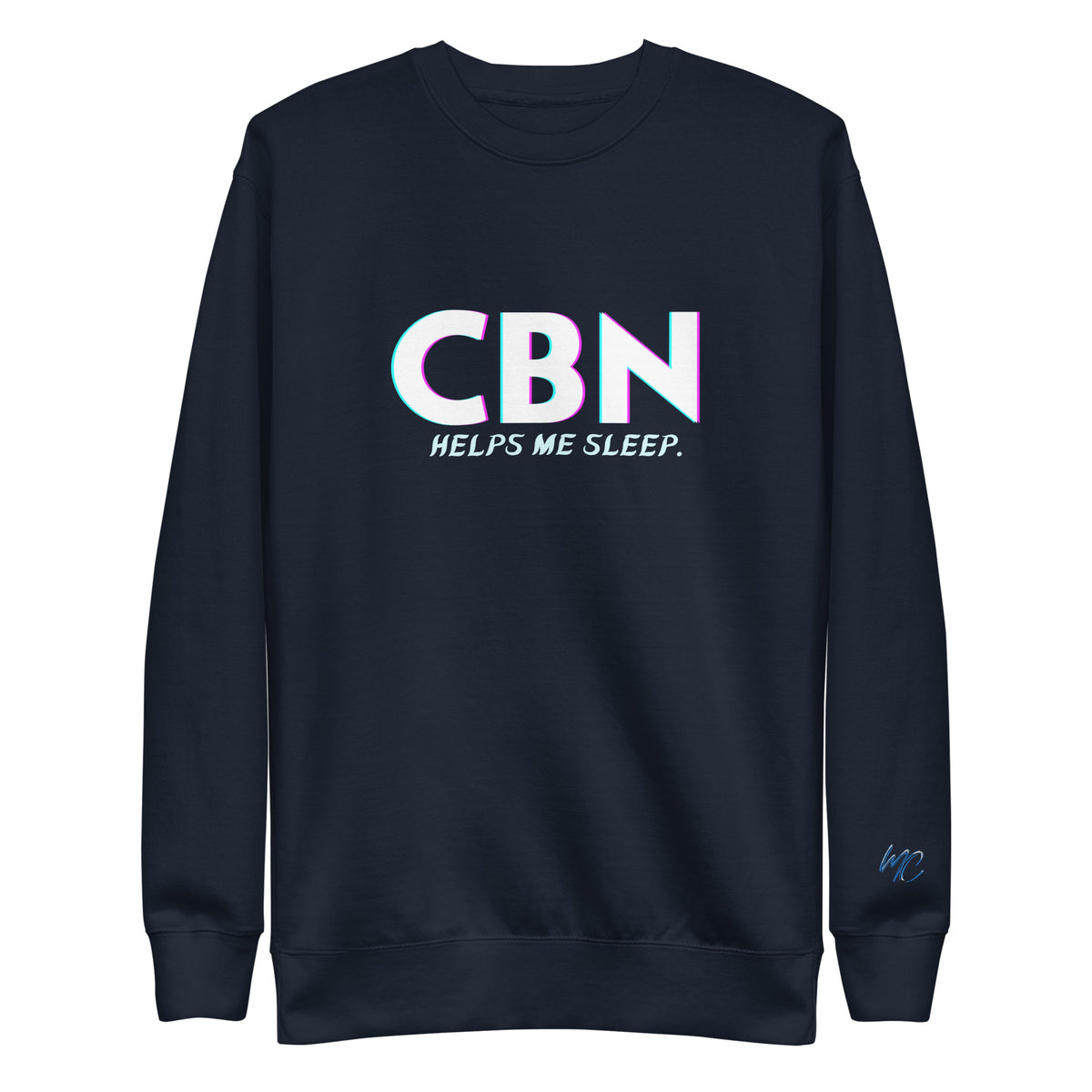 Front view of the navy blazer CBN Helps Me Sleep premium sweatshirt with chest artwork and a blue MC logo on the left sleeve.