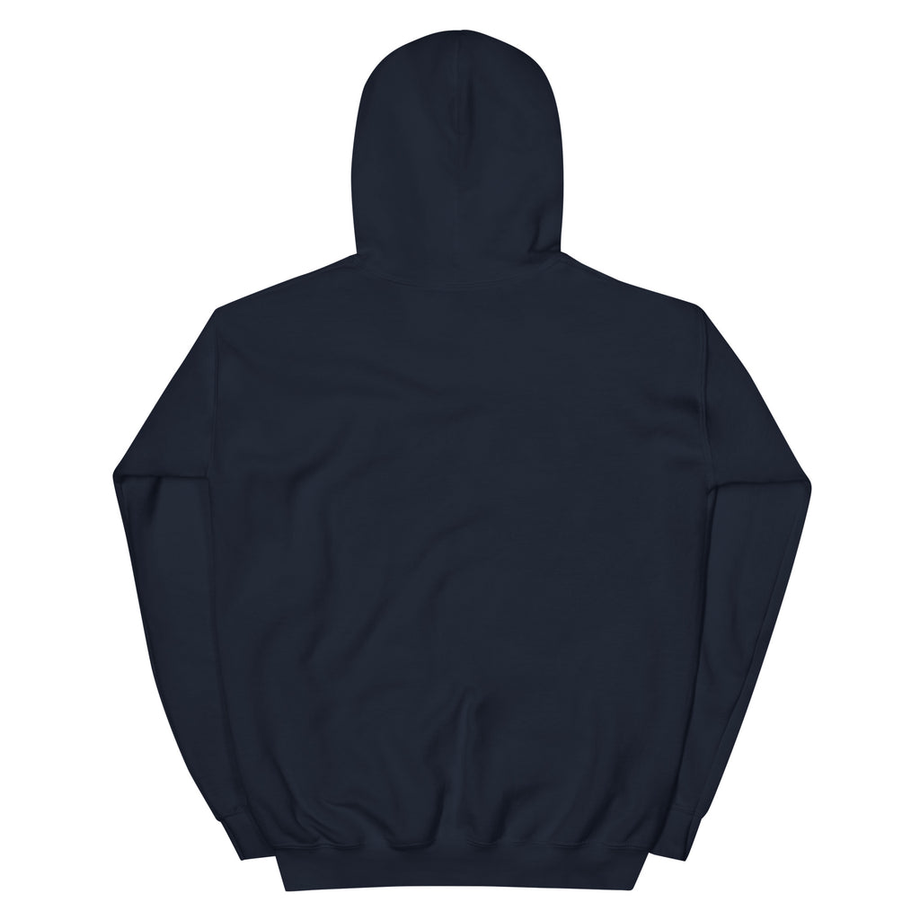 Back product view of the navy Butterfly Lungs unisex hoodie showing the plain back, hood, long sleeves and ribbed hem.