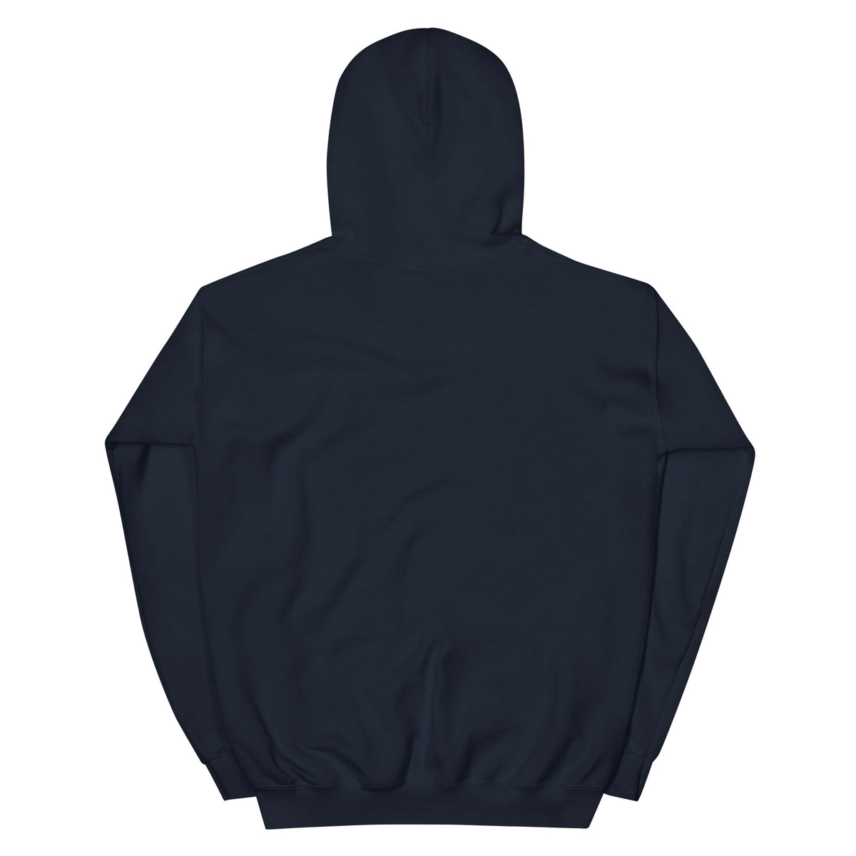 Back product view of the navy Butterfly Lungs unisex hoodie showing the plain back, hood, long sleeves and ribbed hem.