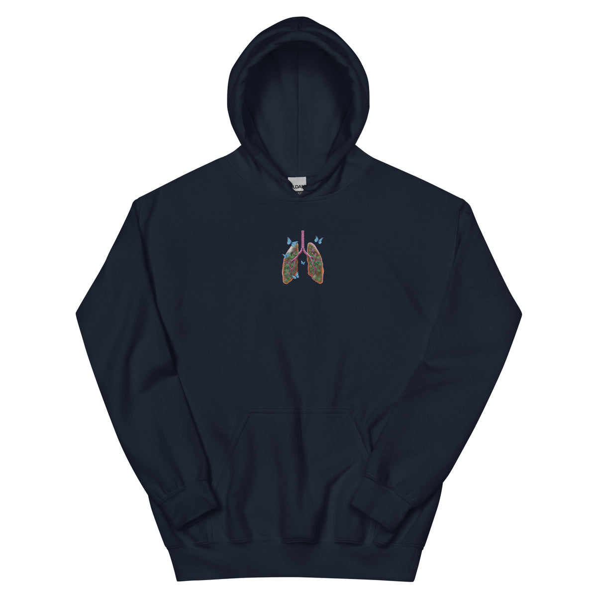 Front product view of the navy unisex hoodie with a colorful anatomical lungs-and-butterflies chest graphic, hood and kangaroo pocket.