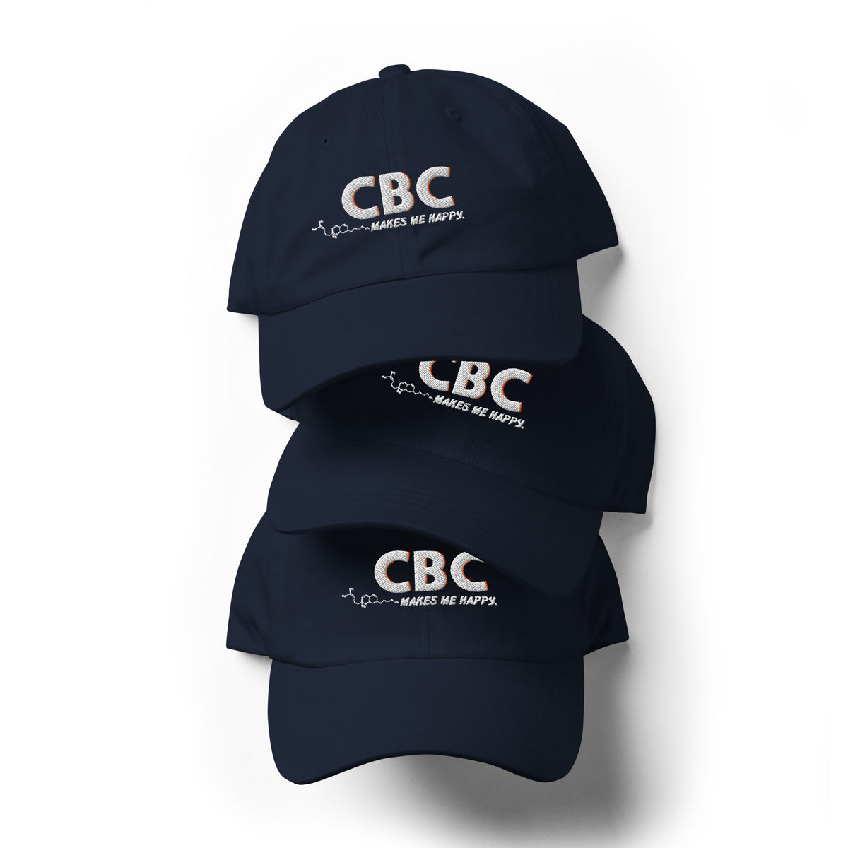 Front view of the navy CBC Makes Me Happy dad hat featuring embroidered lettering, a curved brim and a low-profile crown.