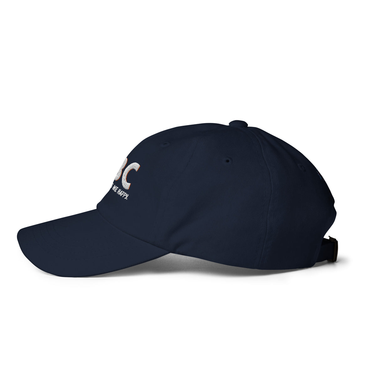Left-side view of the navy CBC Makes Me Happy dad hat showing its curved brim, six-panel crown and embroidered eyelets.
