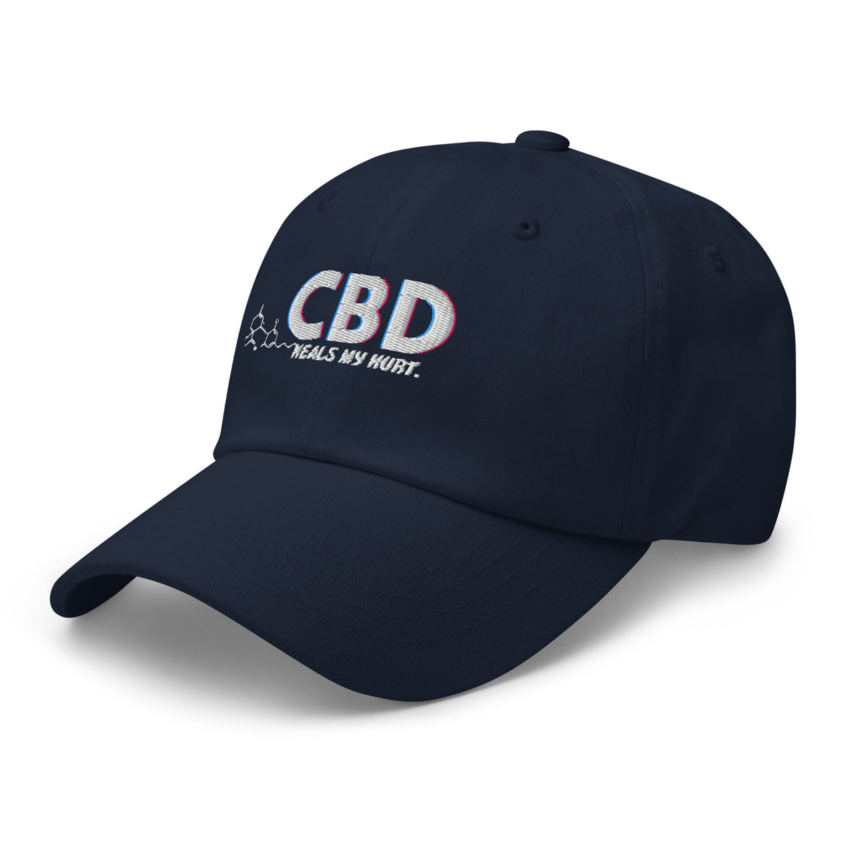 Alternate angled front view of the navy CBD Heals My Hurt dad hat with the embroidered front panel visible.