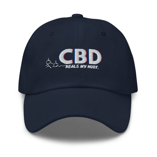 Straight-on front view of the navy CBD Heals My Hurt dad hat with multicolor embroidery, molecular detail and curved brim.