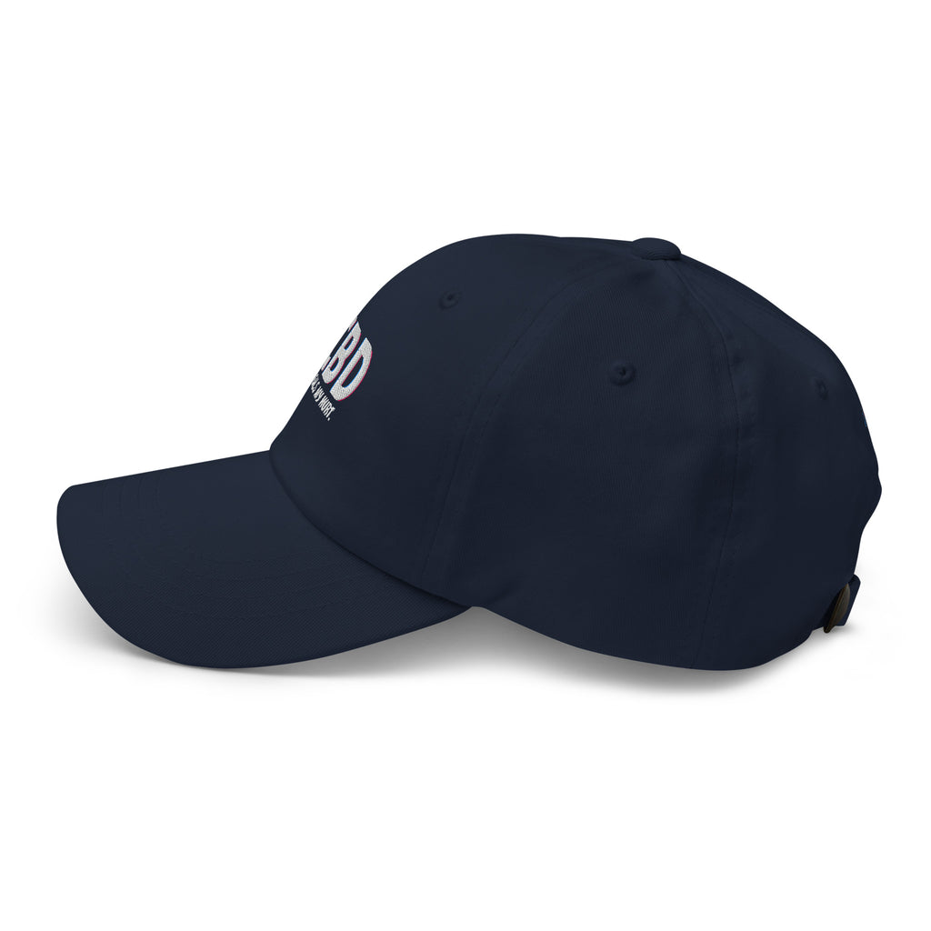 Left-facing side profile of the navy CBD Heals My Hurt dad hat with a low crown and curved brim.