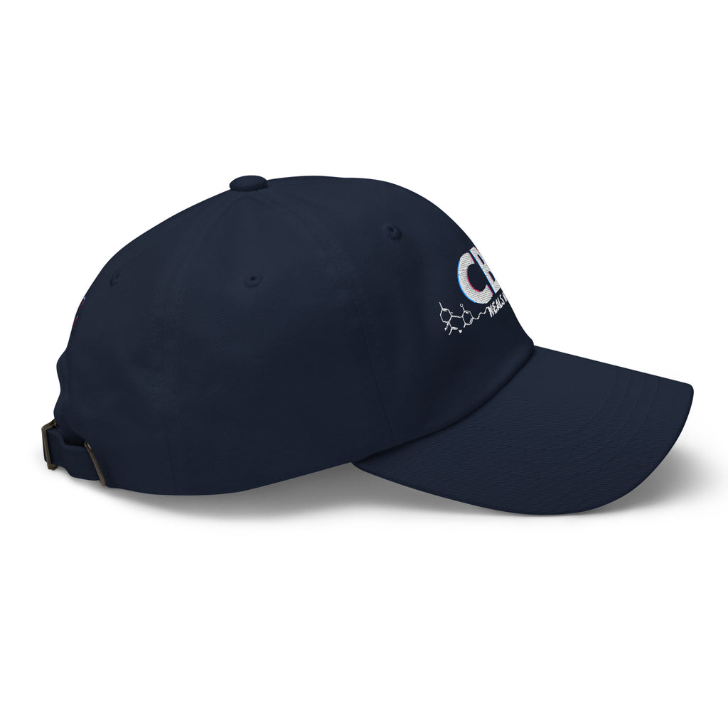 Right-facing side view of the navy CBD Heals My Hurt dad hat with a low-profile crown and curved brim.