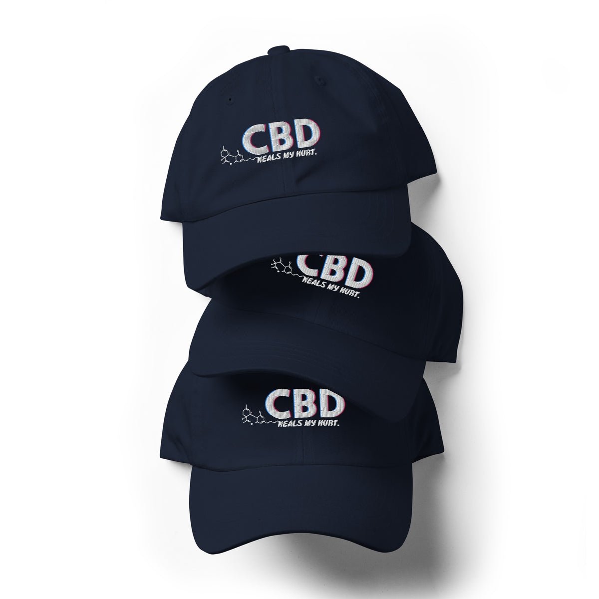 Three navy CBD Heals My Hurt embroidered dad hats arranged vertically in a stacked display.
