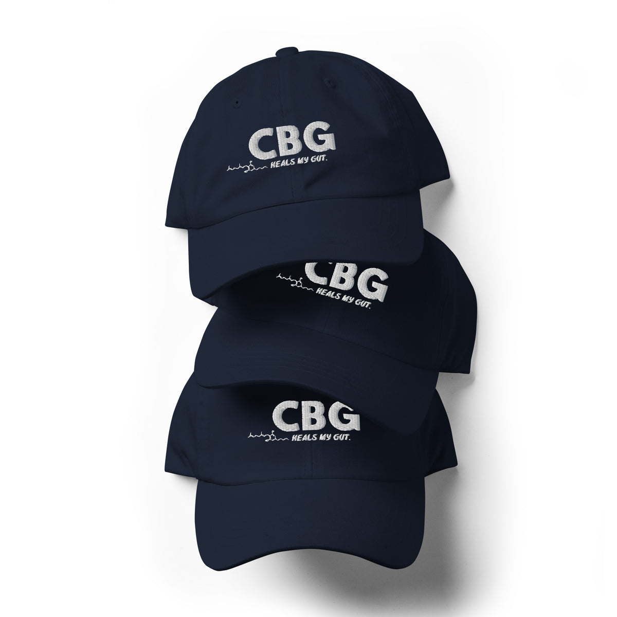 Front view of the navy CBG Heals My Gut dad hat featuring embroidered lettering, a curved brim and a low-profile crown.
