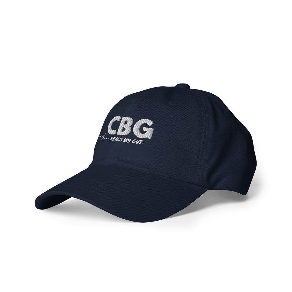 Left-front view of the navy CBG Heals My Gut dad hat highlighting the embroidered front design and low-profile fit