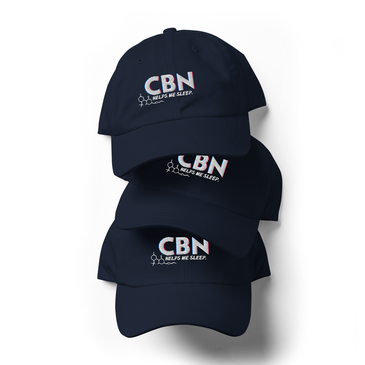 Front product view of the navy CBN Helps Me Sleep dad hat with embroidered Mandi Cruz Media artwork.