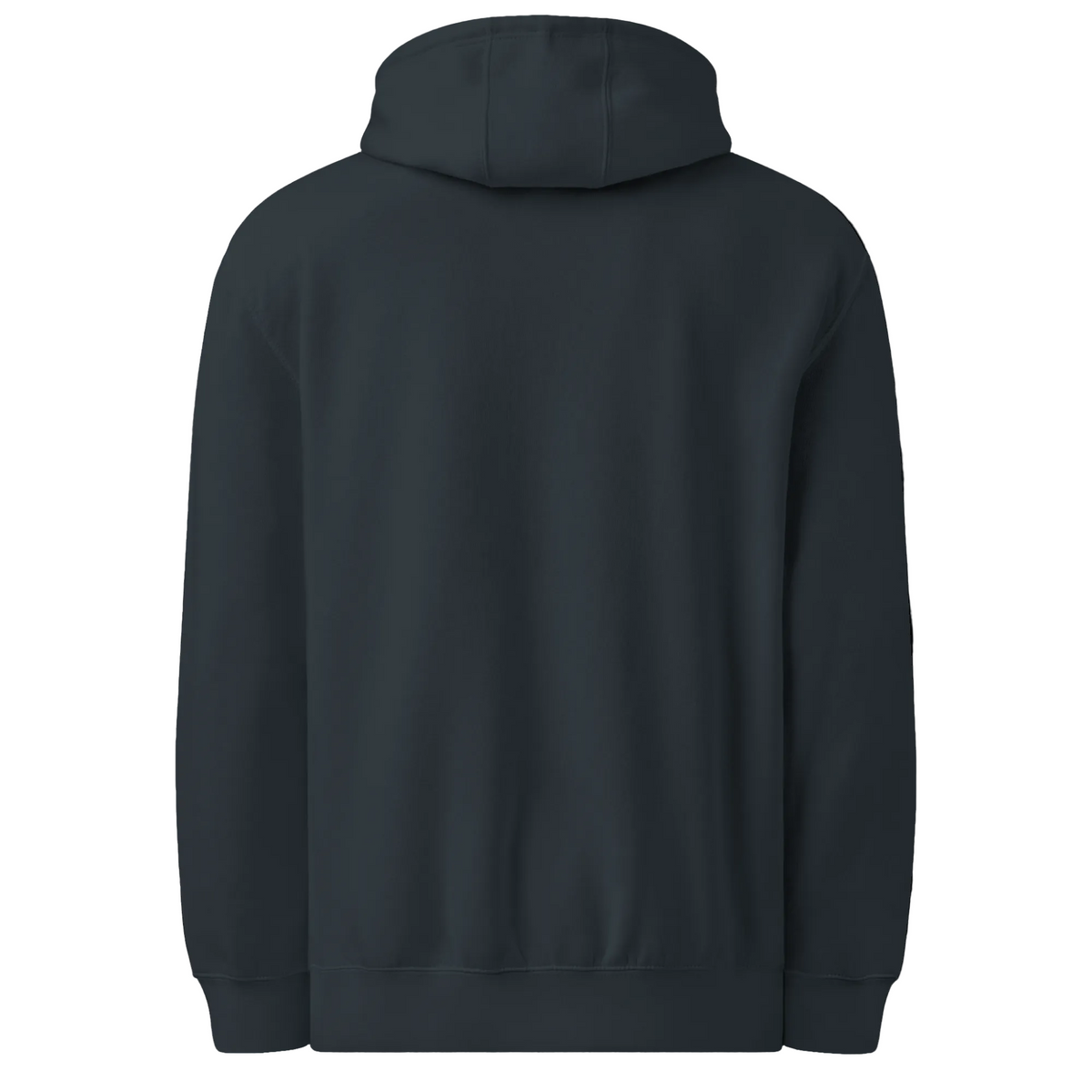 Back view of the navy unisex Mandi Cruz Media premium midweight hoodie showing the plain back, hood and ribbed hem.