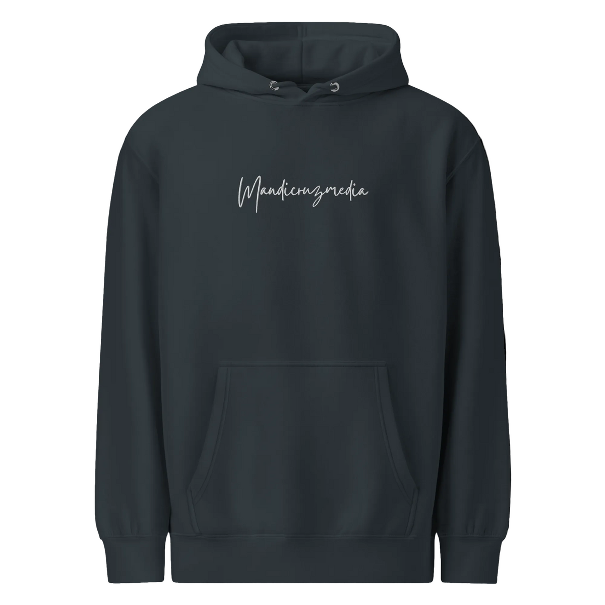Front view of the navy unisex Mandi Cruz Media premium midweight hoodie with white script logo, drawstring hood and kangaroo pocket.