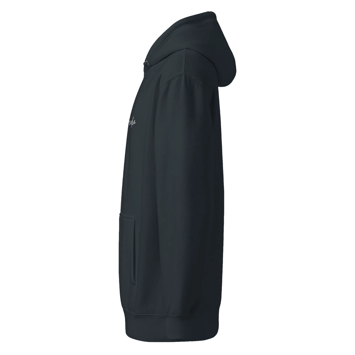 Left-side view of the navy unisex premium midweight hoodie showing its hooded profile, sleeve, pocket and partial chest logo