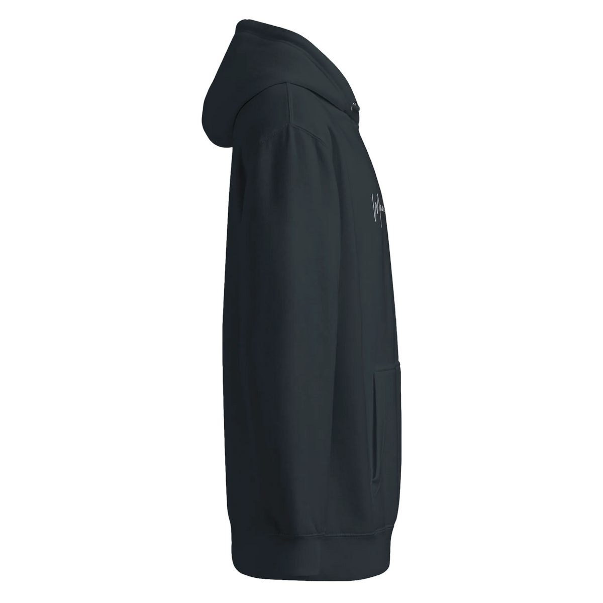 Right-side view of the navy unisex premium midweight hoodie showing its hooded profile, sleeve, pocket and partial chest logo.