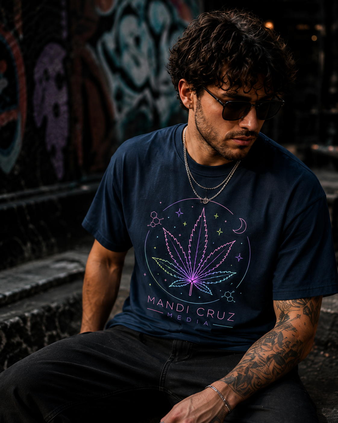 A man wearing a navy blue graphic t-shirt with a neon purple and green cannabis leaf design and the text 'MANDI CRUZ MEDIA', sitting in an outdoor urban setting with graffiti walls.