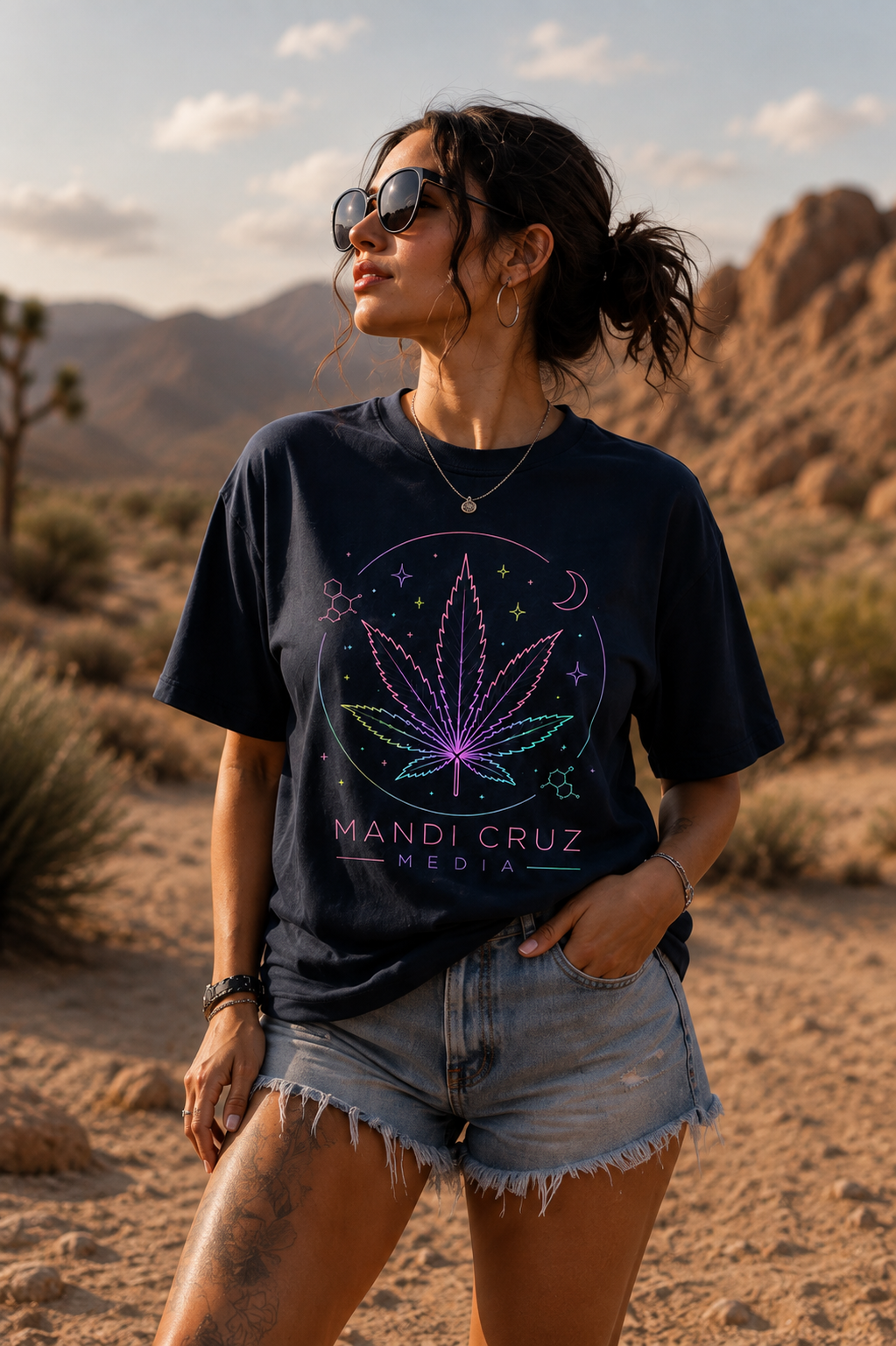 A woman wearing a navy blue graphic t-shirt with a colorful neon-style cannabis leaf design and the text 'MANDI CRUZ MEDIA' stands in a desert landscape with mountains in the background.