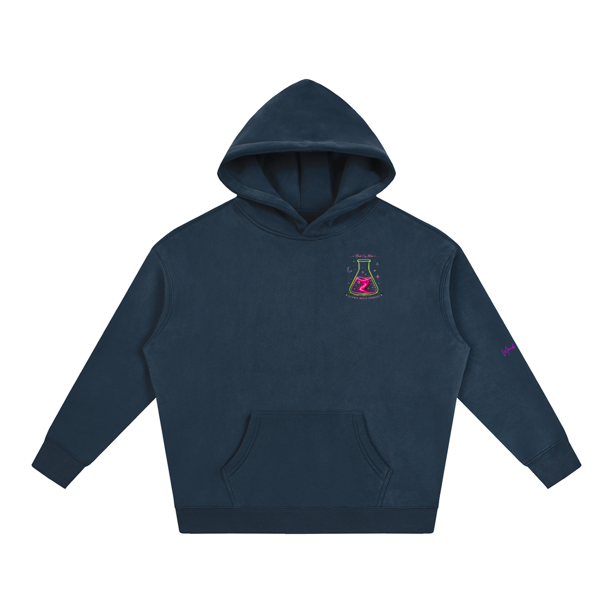 Front view of navy Mandi Cruz Media oversized fleece hoodie with relaxed drop-shoulder fit, kangaroo pocket and small chest graphic.