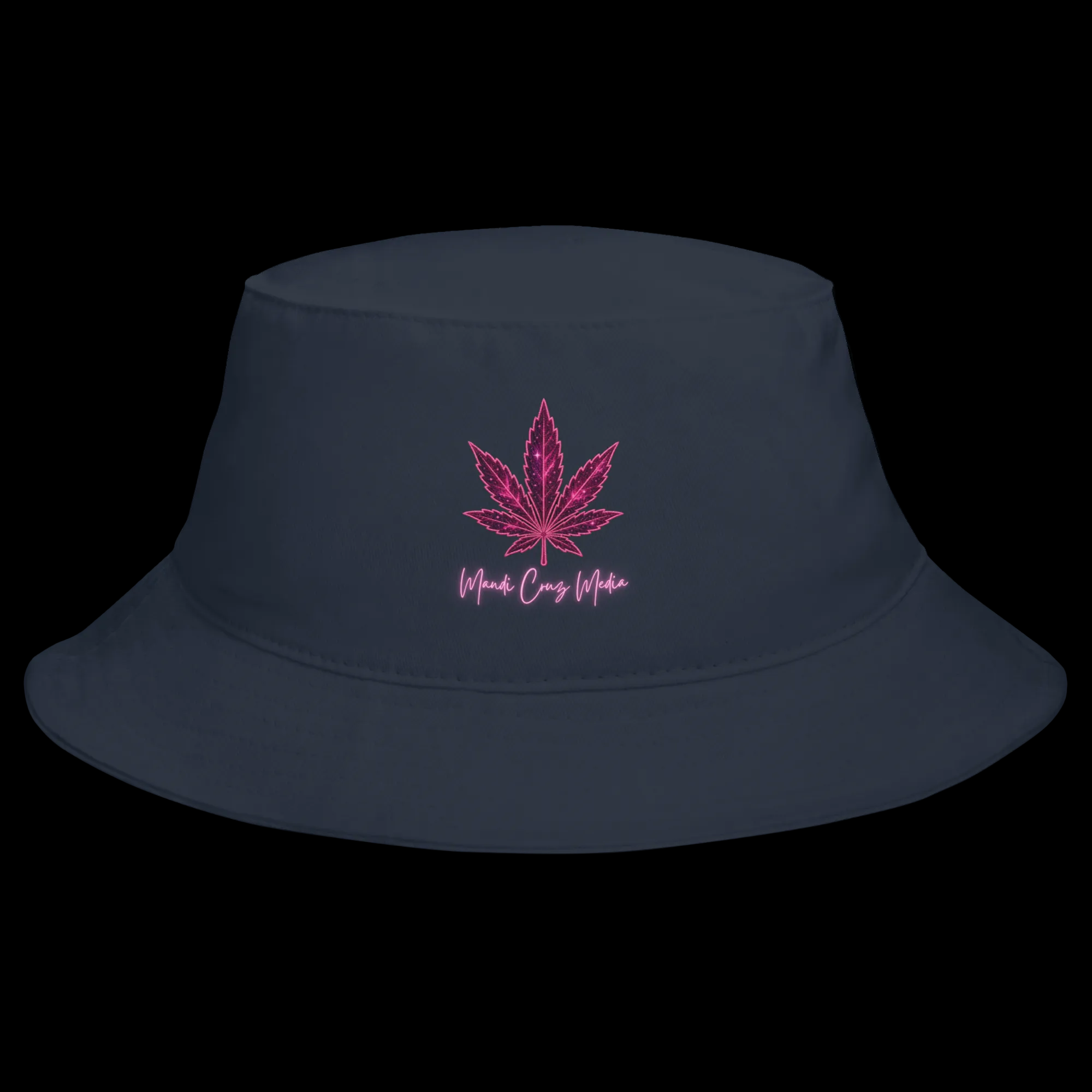 Front product view of the navy cotton bucket hat embroidered with the signature pink Mandi Cruz Media leaf design.