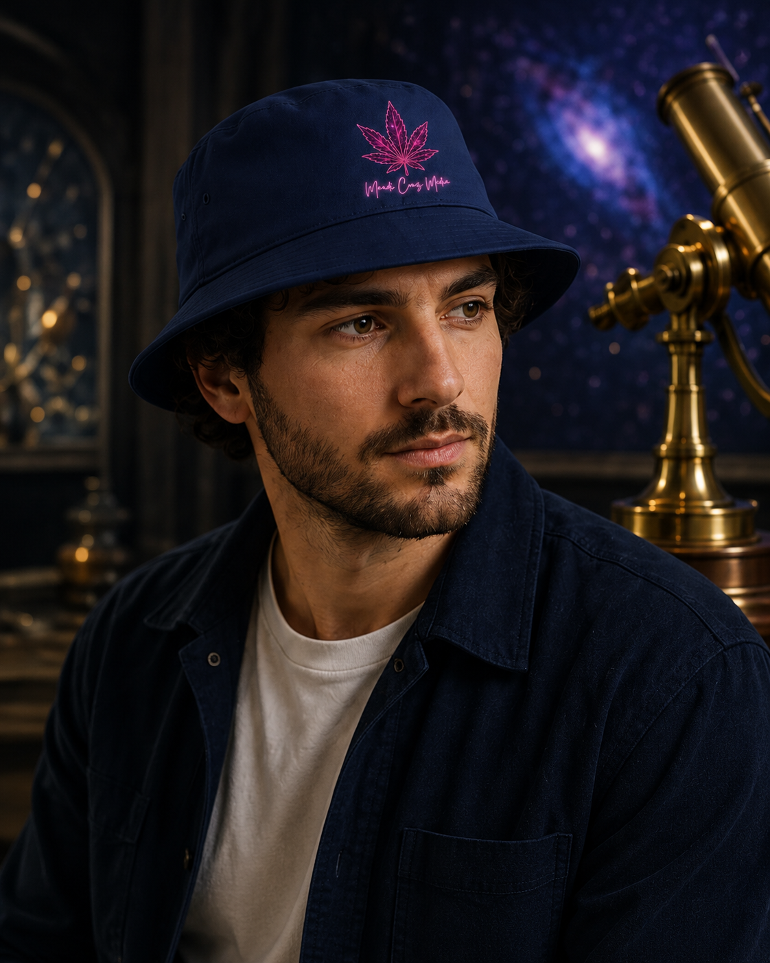 Man wearing the navy Mandi Cruz Media Pink Leaf Bucket Hat beside a brass telescope in a cosmic observatory setting.