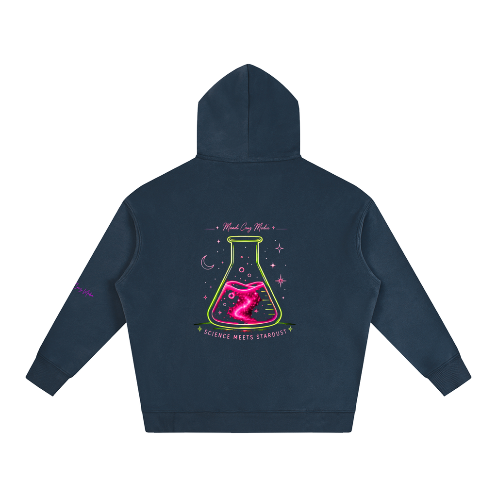 Back view of navy oversized fleece hoodie featuring colorful Science Meets Stardust laboratory flask graphic by Mandi Cruz Media.