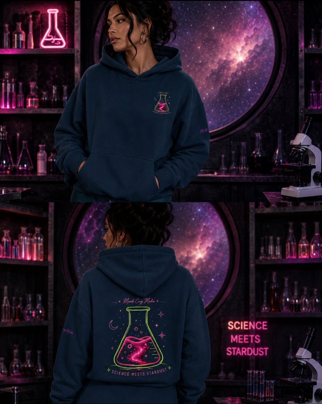 Navy oversized Mandi Cruz Media hoodie modeled from the front and back with cosmic Science Meets Stardust graphics.