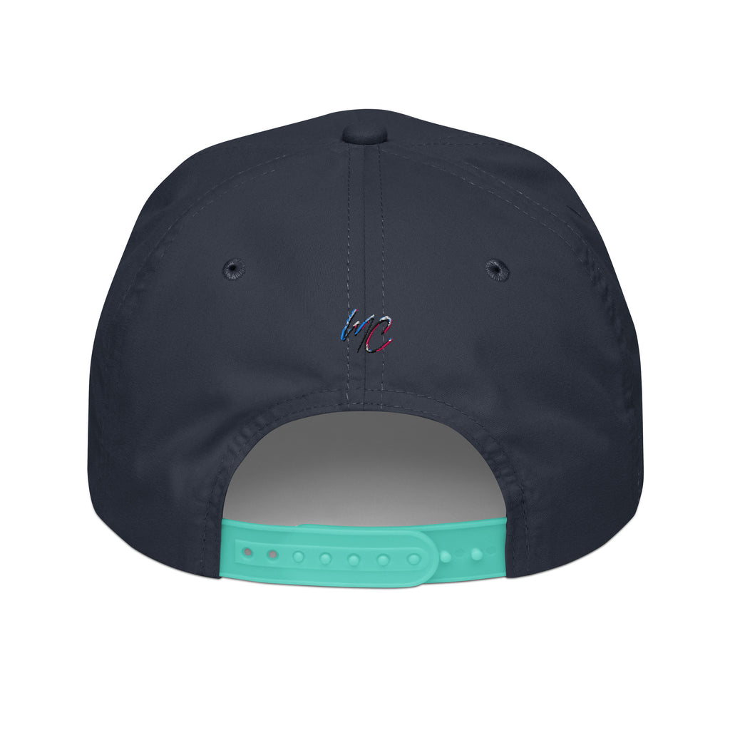 Back view of the navy golf rope cap with an embroidered MC monogram and adjustable mint snapback closure