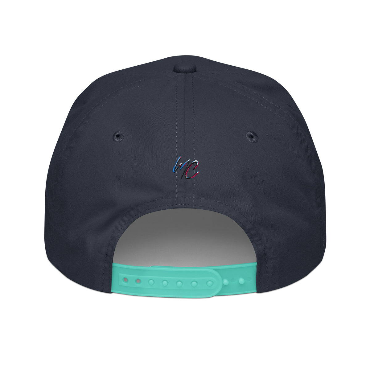 Back view of the navy golf rope cap with an embroidered MC monogram and adjustable mint snapback closure
