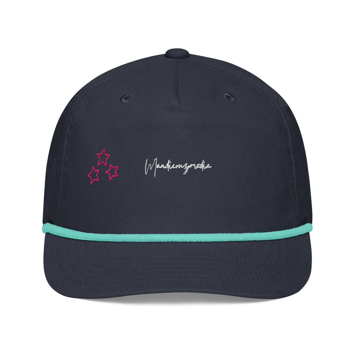 Front view of the navy golf rope cap with mint rope trim, pink-and-blue stars and white Mandi Cruz Media script embroidery.