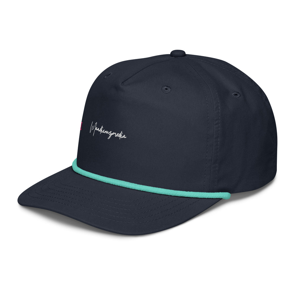 Left-front angle of the navy embroidered golf cap showing the mint rope trim and Mandi Cruz Media script.