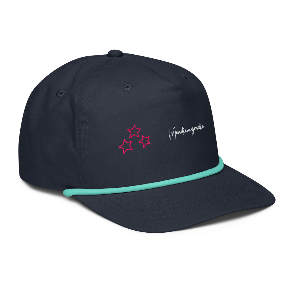 Right-front angle of the navy golf rope cap showing mint rope trim, embroidered stars and Mandi Cruz Media