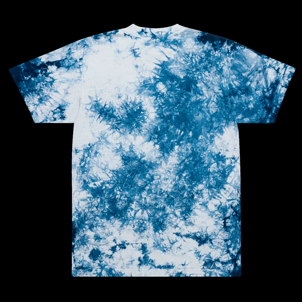 Back view of the unisex oversized T-shirt showing the navy-and-white crinkle tie-dye pattern and relaxed silhouett