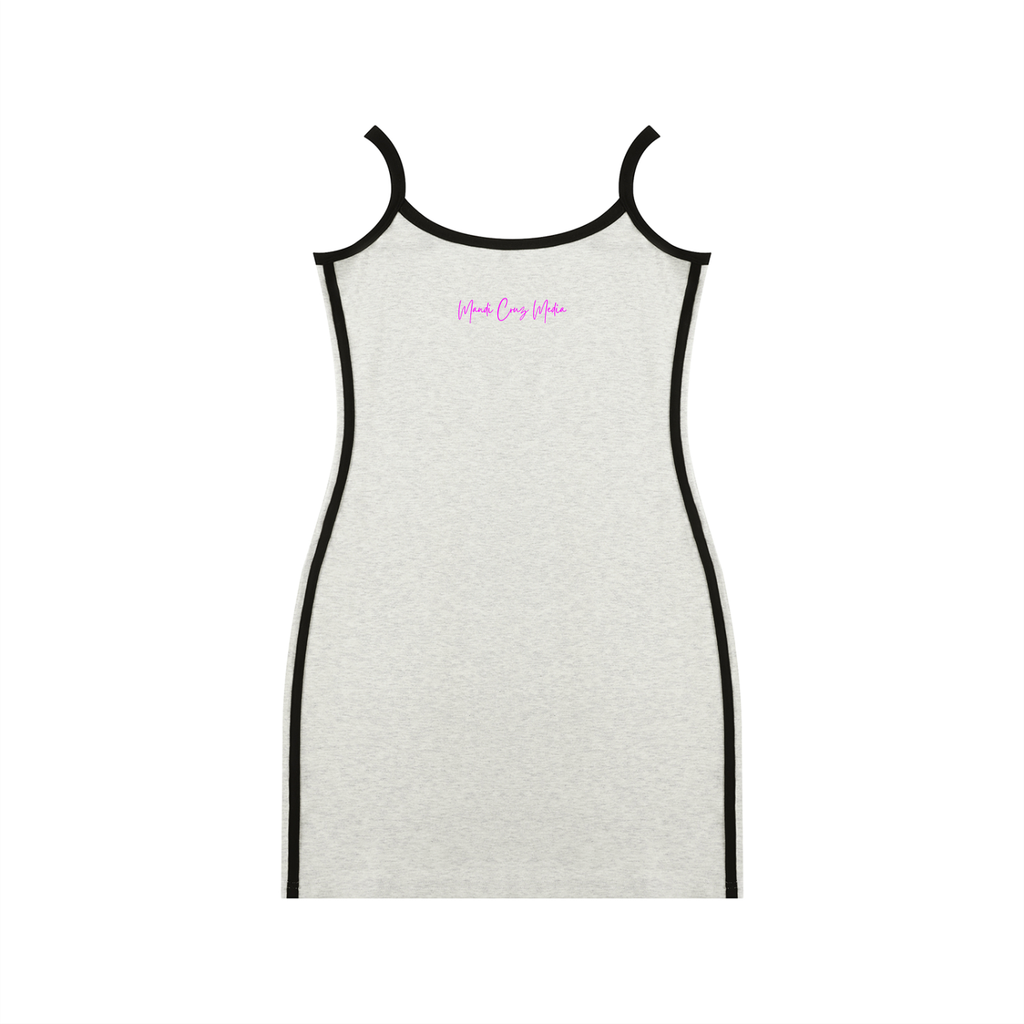 Back product view of the oat gray fitted mini dress with black straps and side trim plus the pink Mandi Cruz Media signature.
