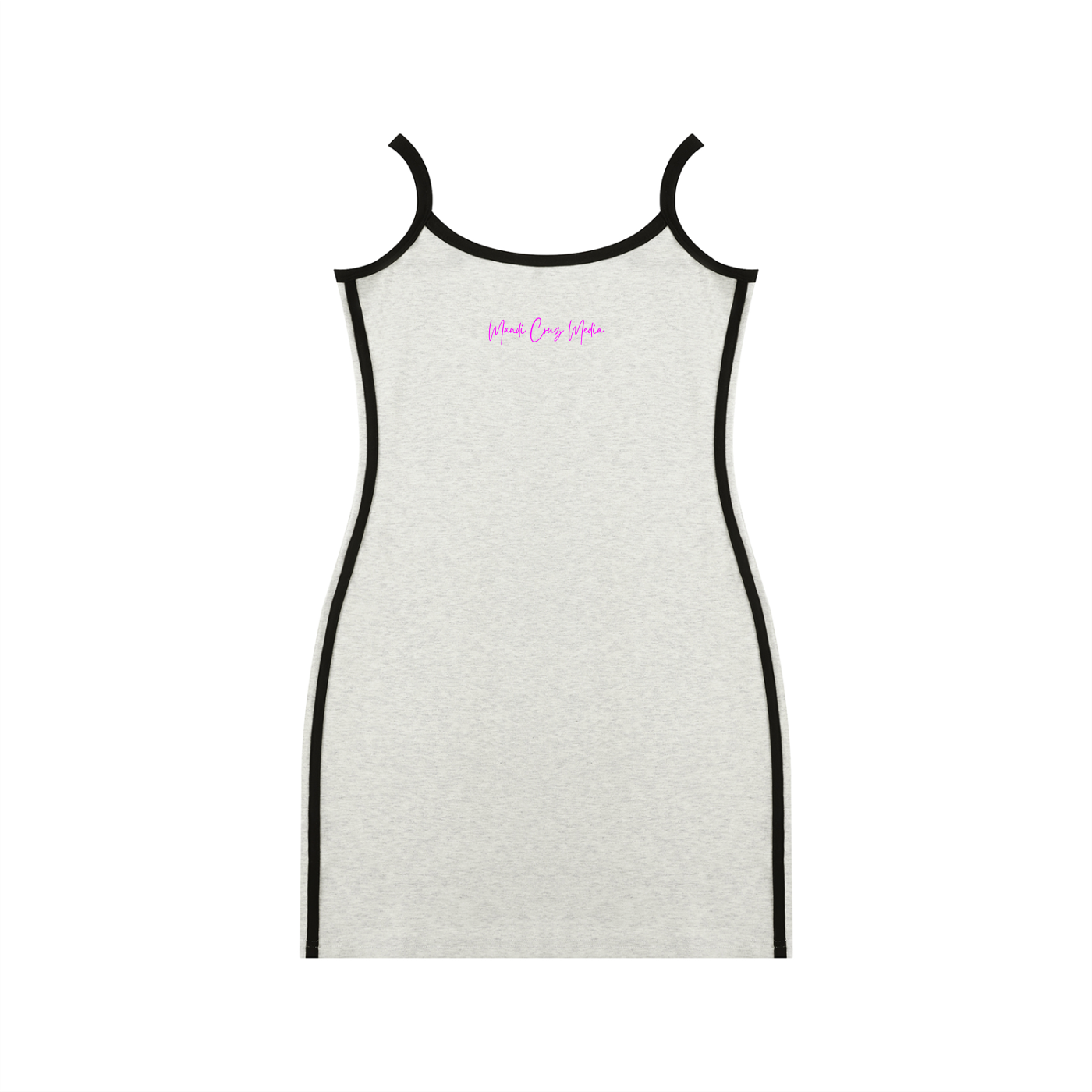 Back product view of the oat gray fitted mini dress with black straps and side trim plus the pink Mandi Cruz Media signature.