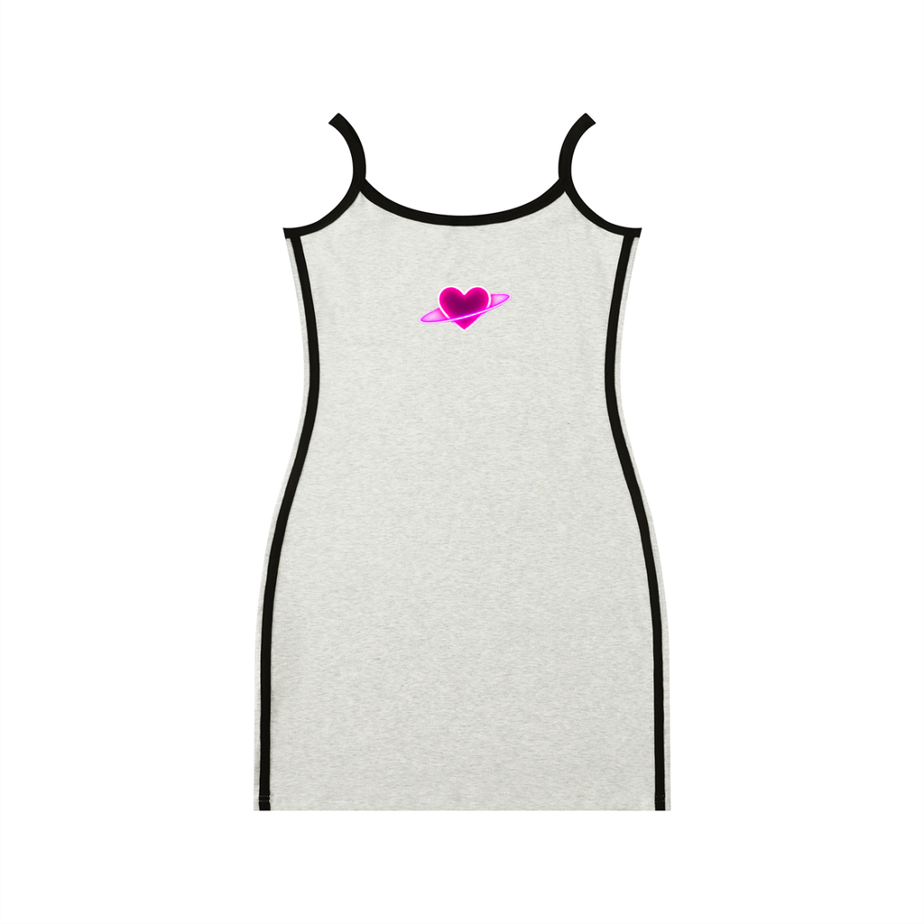 Front product view of the oat gray bodycon mini dress with black contrast trim and a neon-pink planetary heart graphic on the chest.