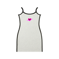 Front product view of the oat gray bodycon mini dress with black contrast trim and a neon-pink planetary heart graphic on the chest.