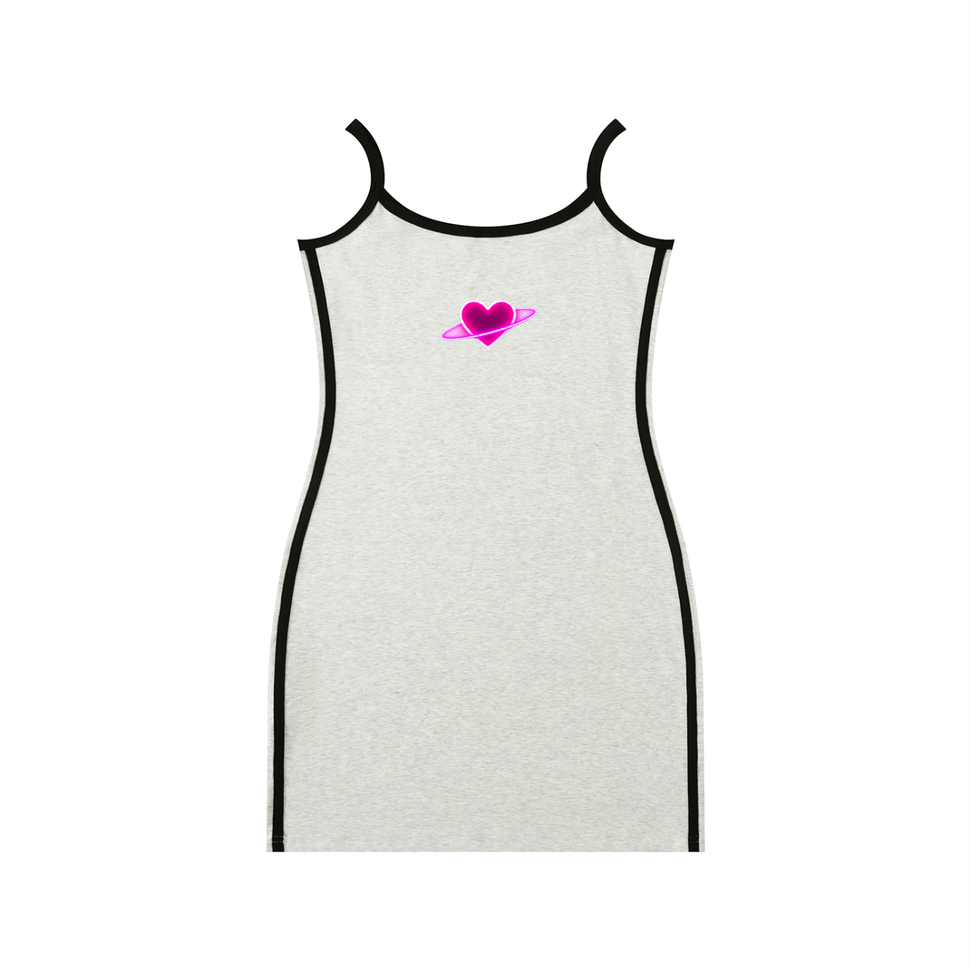 Front product view of the oat gray bodycon mini dress with black contrast trim and a neon-pink planetary heart graphic on the chest.
