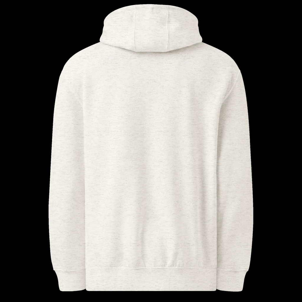 Back view of the oatmeal heather unisex premium midweight hoodie showing the plain back, hood and ribbed hem.