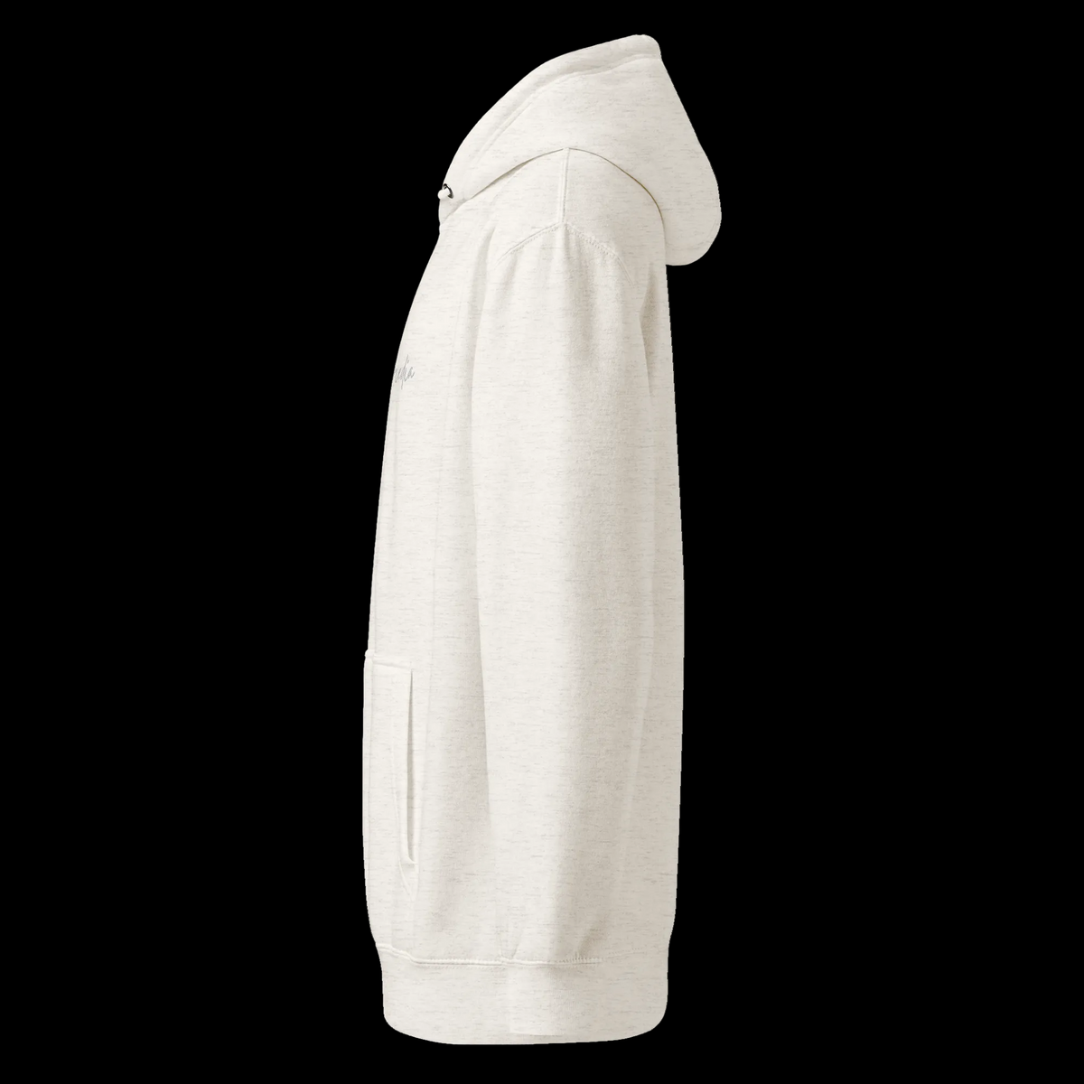 Left-side view of the oatmeal heather unisex hoodie showing its hooded profile, sleeve, pocket and partial chest logo.