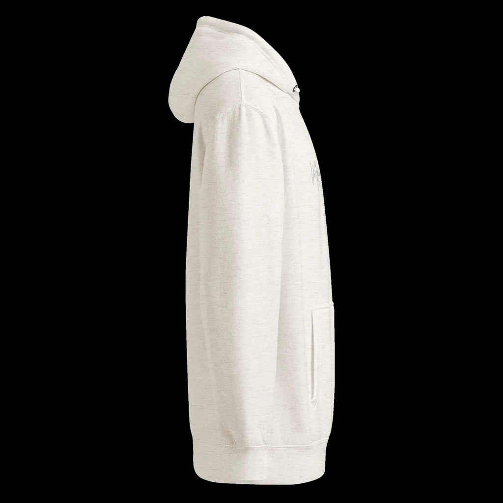 Right-side view of the oatmeal heather unisex hoodie showing its hooded profile, sleeve, pocket and partial chest logo.