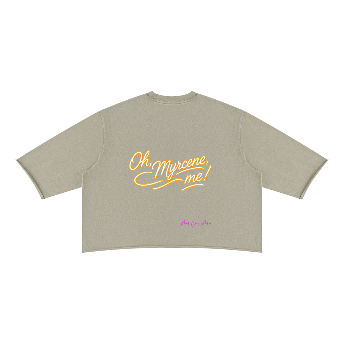 Back product view of the apricot mineral-wash boxy tee featuring gold Oh, Myrcene, Me! script and pink Mandi Cruz Media branding.