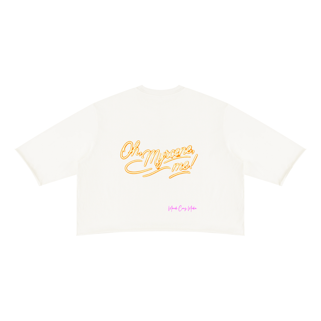 Back product view of the white raw-hem boxy tee featuring gold Oh, Myrcene, Me! script and pink Mandi Cruz Media branding.
