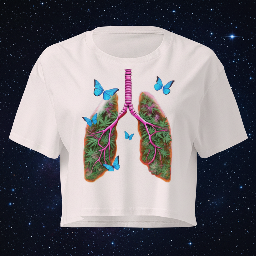 Front view of the orchid women’s crop top featuring Butterfly Lungs artwork with botanical and celestial details