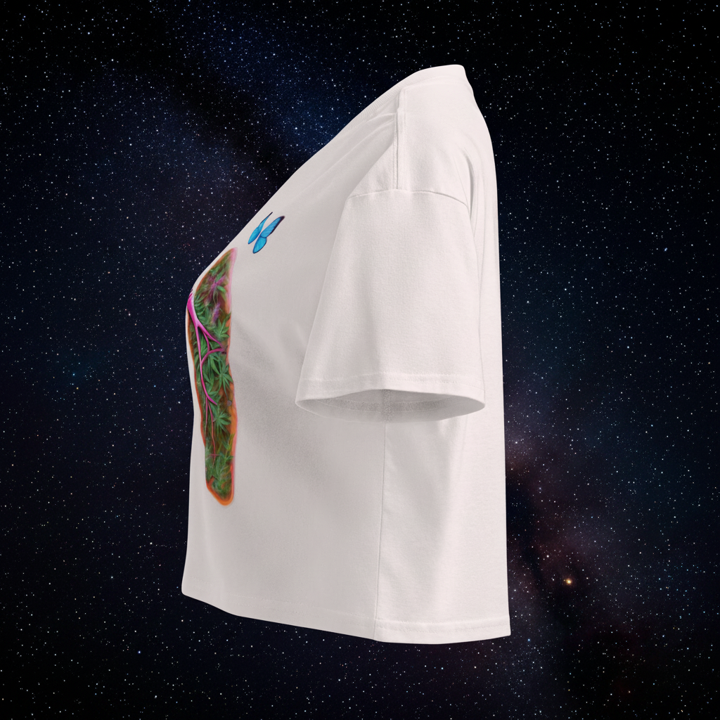  Left-side view of the orchid Butterfly Lungs crop top showing its relaxed sleeve, cropped hem and partial front artwork.