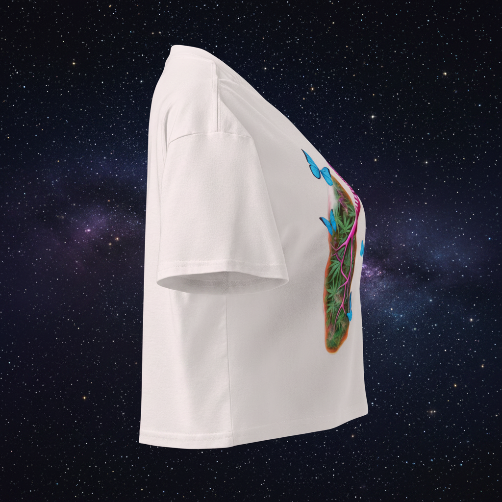 Right-side view of the natural Butterfly Lungs crop top showing its relaxed fit, cropped hem and partial front
