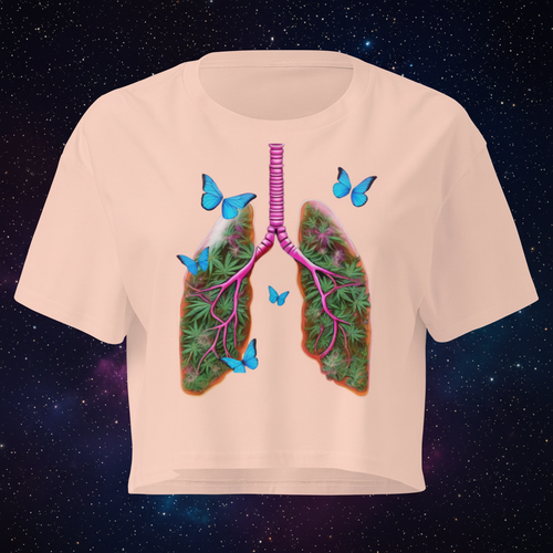 Front view of the pale-pink women’s crop top featuring Butterfly Lungs artwork with botanical and celestial details.