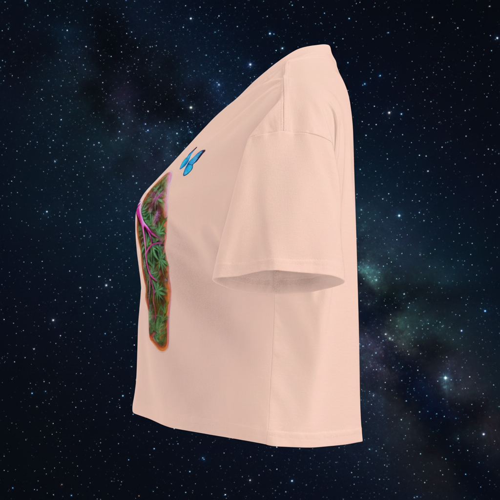 Left-side view of the pale-pink Butterfly Lungs crop top showing its relaxed sleeve, cropped hem and partial front artwork.